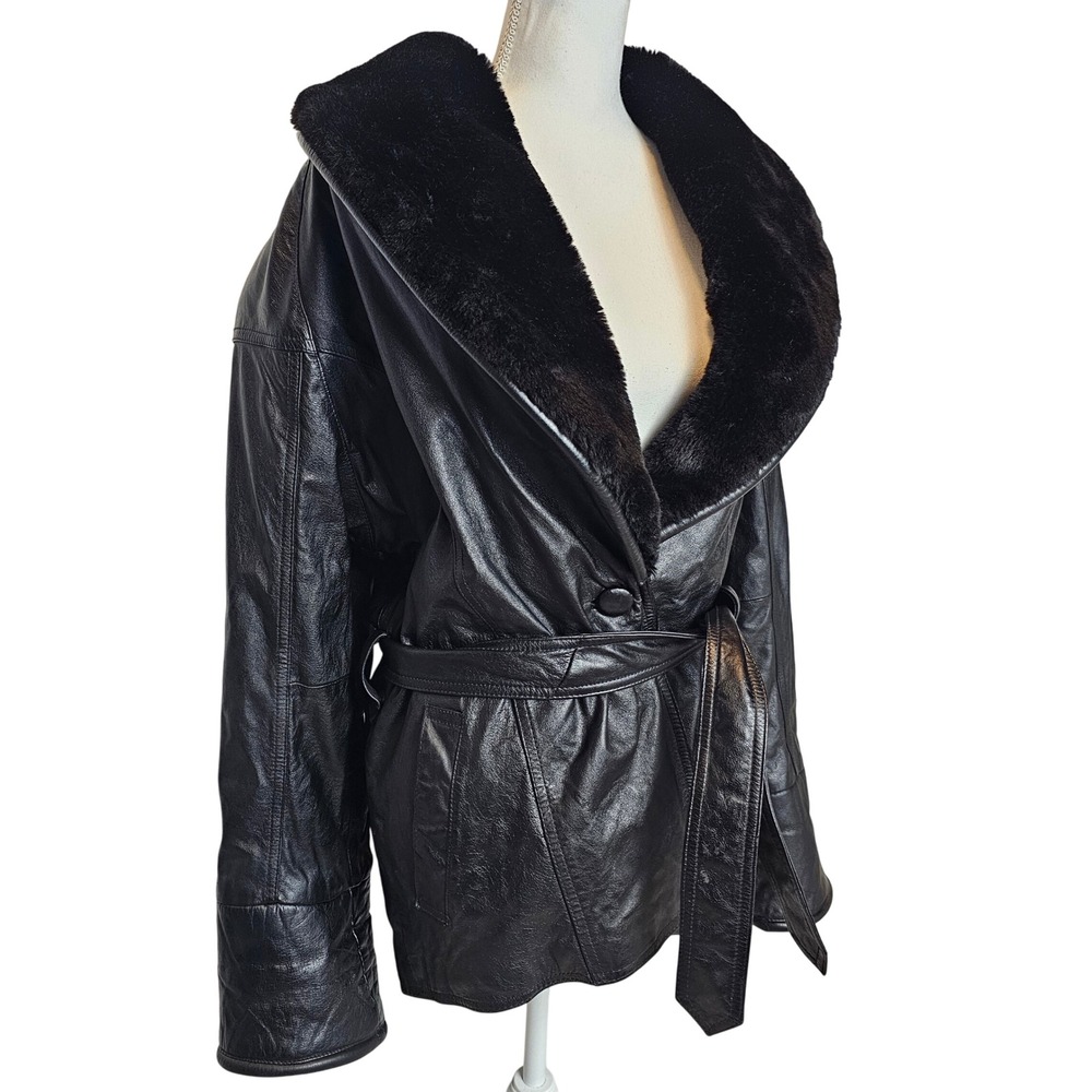 MGR Womens VTG‎ 90s Leather Jacket Coat Faux Fur Collar Medium Mob Wife Grunge - Picture 2 of 16